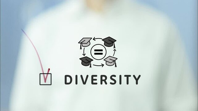 University professor carefully marking checkbox on transparent board, representing commitment to diversity, inclusion, and equal opportunities within higher education academic environment
