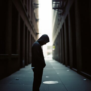 d&eacute;tresse sociale et la solitude d'un homme seul, &agrave; capuche, dans le noir