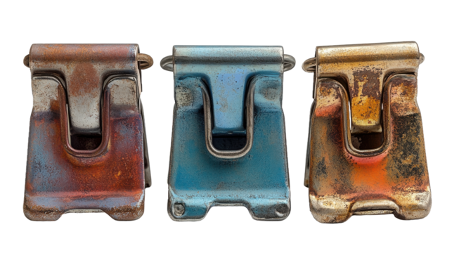 Close up of three metal clips with varying color and wear look on transparent background
