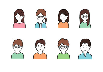 若い男女の手描きイラストセット（上半身）