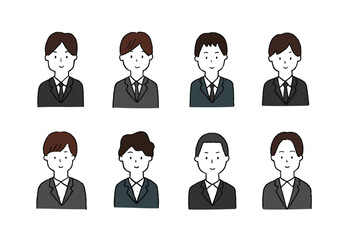 若い男性の手描きイラストセット（上半身・ビジネス）