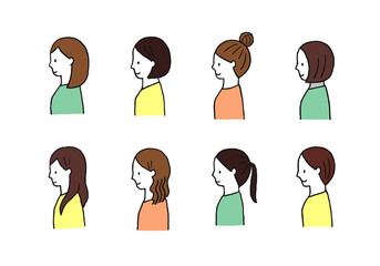若い女性の手描きイラストセット（上半身・横向き）