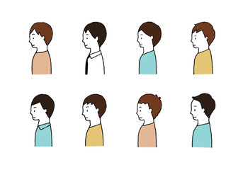 若い男性の手描きイラストセット（上半身・横向き）