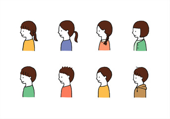 いろんな子供 男女の手描きイラストセット（上半身・横向き）