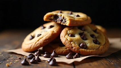 Delicious homemade chocolate chip cookies on wood