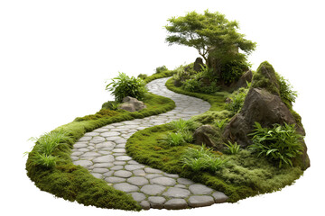 A serene garden pathway winding through lush greenery and rocks Isolated on transparent Background