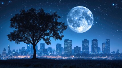 Silhouette of a solitary tree against a city skyline at night under a full moon.