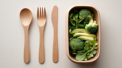 Flat lay of packed lunch bowl with reusable cutlery, eco-friendly minimal theme