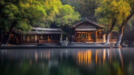 Serene Lakeside Pavilion and Houses in Lush Greenery