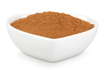 Cinnamon powder in ceramic bowl isolated on white background with full depth of field
