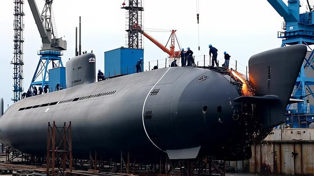 A large submarine undergoes construction or repair in a dry dock, with sparks flying from welding work. Illustrates heavy industry, naval engineering, and shipbuilding processes.