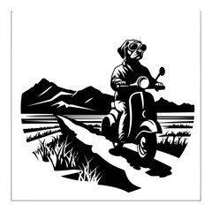 Dog Riding Scooter in Scenic Landscape Engraving Illustration Artwork