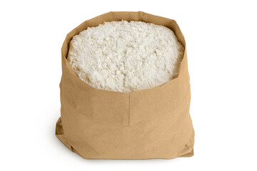 White flour in a paper bag isolated on white background