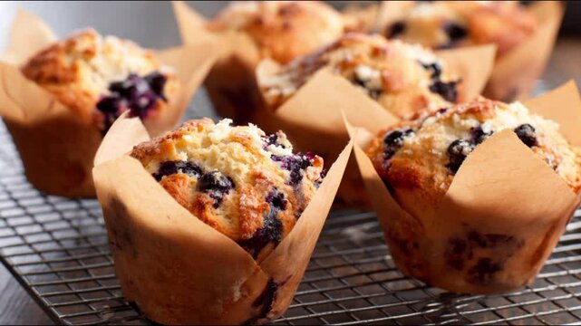 Delicious blueberry muffins cooling on a wire rack.