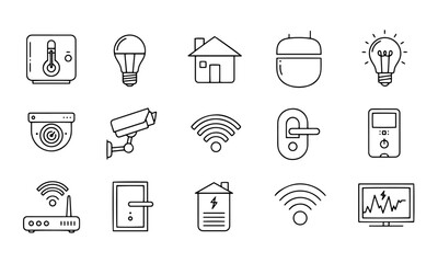 Smart Home Automation and Security Outline Icons Set. various smart home devices and concepts, including climate control, lighting, security, and connectivity.
