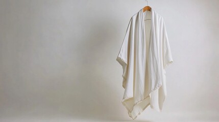 White draped robe hanging on a wooden hanger against a plain white background