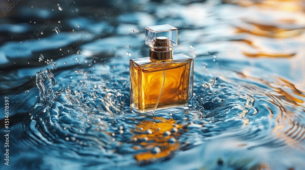 Aufkleber A beautiful bottle of perfume floats on the surface of a tranquil pool, creating gentle ripples in the water as the sun sets, casting warm tones on the scene