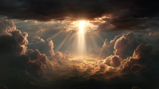 A radiant beam of sunlight pierces through majestic storm clouds.