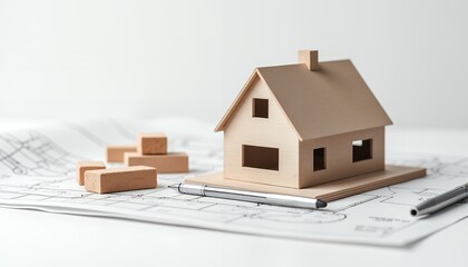 Wooden house prototype with bricks and plans
