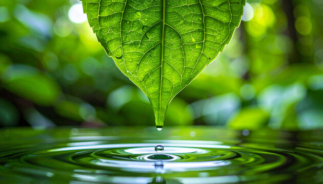 Una hoja de planta verde mojada con una gota de agua de lluvia cayendo y formando una onda en un estanque en plena naturaleza del bosque