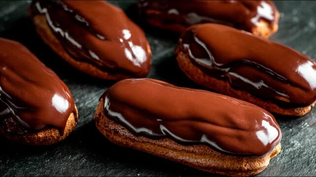 Delicious eclairs glazed with rich chocolate, a delightful treat.