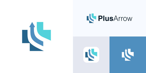 Modern plus shape with arrow logo icon design vector element editable, Symbol cross integrated with upward growth sign for medical health care, brand identity and other business company