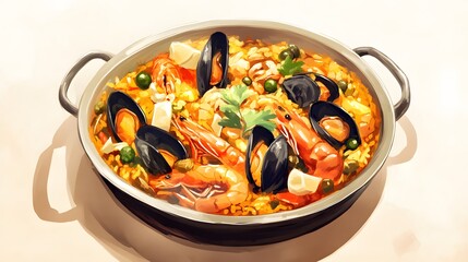 A seafood paella dish with saffron rice, isolated, no text or logo