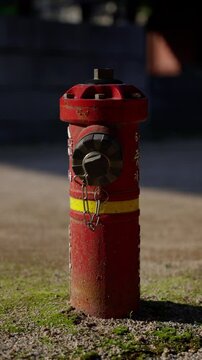 Close-up view of a single red fire hydrant with yellow stripe situated outdoors on a gravel and mossy surface, photographed in direct natural sunlight.