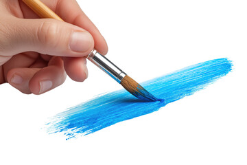 Hand holding a brush, painting a blue stroke Isolated on transparent Background