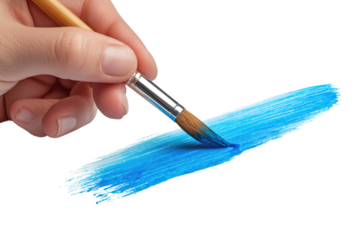 Hand holding a brush, painting a blue stroke Isolated on transparent Background