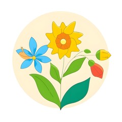 Colorful floral arrangement illustration. Whimsical flowers: yellow, blue, red, green.  Spring, botanical design.