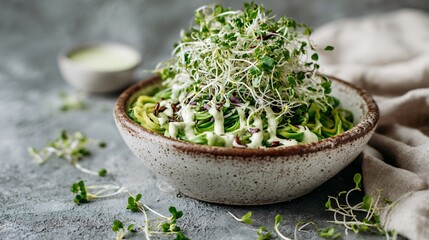 Minimalist vegan bowl with creamy avocado dressing, microgreens and sprouts, neutral backdrop