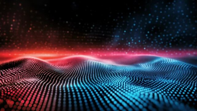 Vibrant abstract digital wave animation with binary code elements in futuristic neon colors
