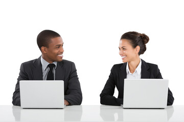 Two business professionals smiling and collaborating while working on laptops at a table, showcasing teamwork and productivity.