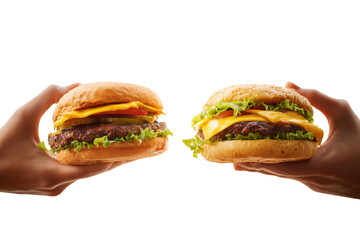 Two delicious burgers held in hands, showcasing juicy meat, cheese, and fresh vegetables Isolated on transparent Background