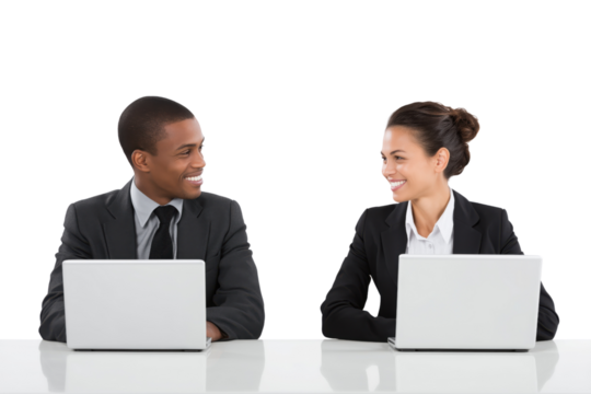 Two business professionals smiling and collaborating while working on laptops at a table, showcasing teamwork and productivity.