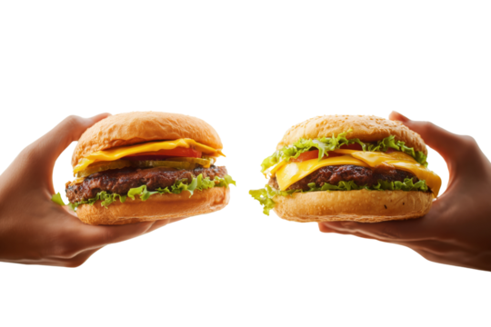 Two delicious burgers held in hands, showcasing juicy meat, cheese, and fresh vegetables Isolated on transparent Background
