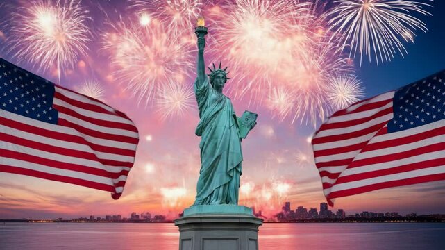 American Statue of Liberty stands tall amidst fireworks and evening sky. USA flag in background, as symbol democracy freedom, celebration of unity. 4th of July, Memorial, Labour, Independence Day. - Powered by Adobe