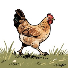 Fototapeta premium Brown free-range hen standing on grass field, chicken clipart designed for educational use, rural graphics, or traditional farming visuals.