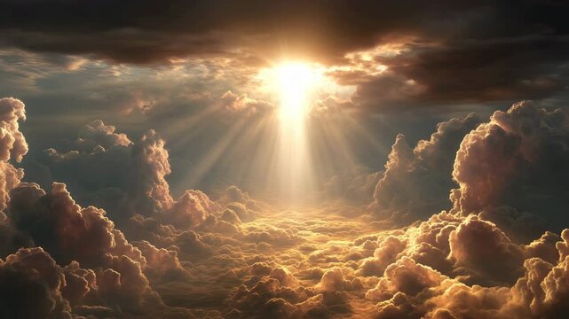 Sunlight pierces a dramatic sky, casting a golden glow over the clouds.