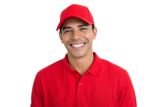 Smiling delivery man in red uniform