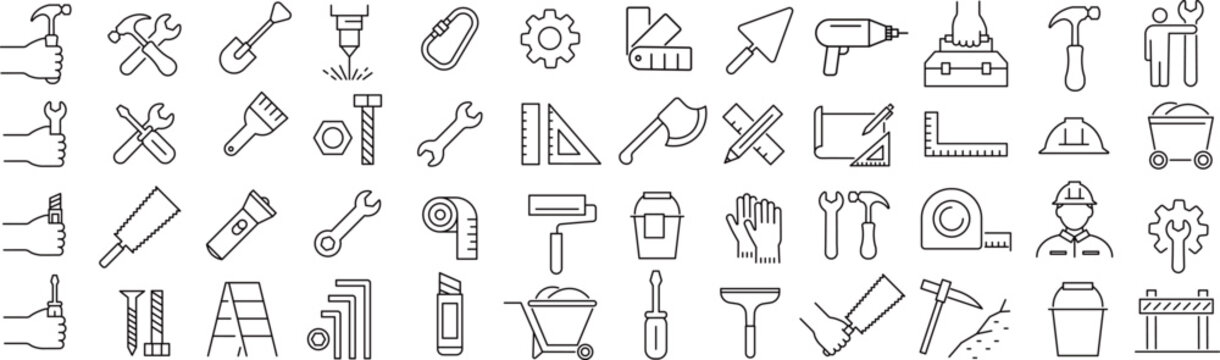 ベクターでモノクロの大工道具に関する線画アイコンセット

