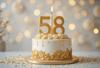 Elegant gold and white cake decorated with flowers and number candles for a special 58th birthday celebration in a festive setting
