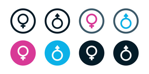 Gender Symbol Icon Set. Male and Female Glyph Variations in Circle Buttons, Outline and Solid Styles for UI, Profile Avatars and Demographic Graphics