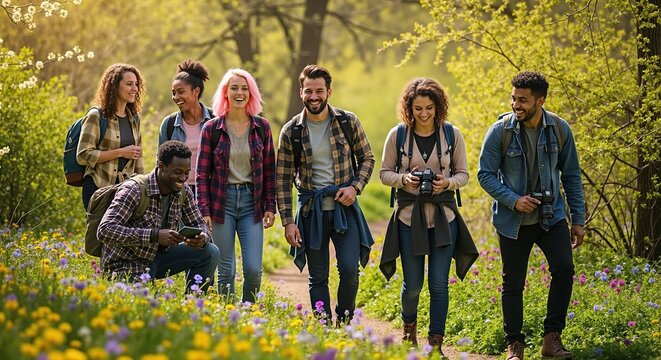 Diverse group of friends hiking through a vibrant green park . Happy young adults enjoying outdoor adventure together. Nature walk in spring.
