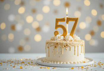 Celebration centerpiece featuring a 57th birthday cake topped with a golden candle surrounded by festive decorations and sparkling background