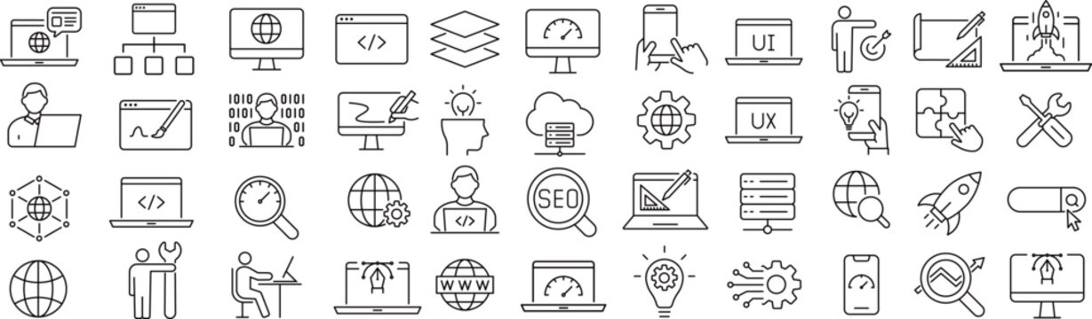 ベクターでモノクロのウェブ開発に関する線画アイコンセット
