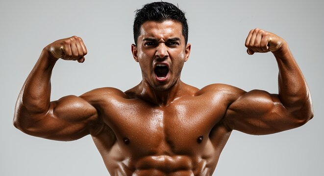 Muscle Man Flexing Biceps on Grey Background