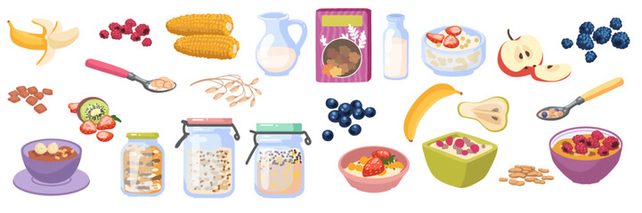 Oat cereal. Healthy food. Oatmeal in bowl. Breakfast grain, granola and porridge. Wheat in box. Jar of muesli with milk. Flake delicious meal. Cornflakes with berry and fruit. Vector cartoon icons set