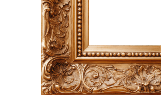 A close-up of an ornate, golden picture frame corner, exhibiting intricate carvings of floral and leaf motifs against a black background.  The frame shows a high level of detail and craftsmanship